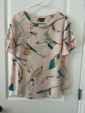 Van Heusen Blush Pink Botanical Short Sleeve Blouse with Teal & Mustard Accents
